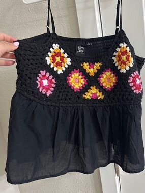 Pizazz Luzzy Black Crochet Camisole with Colorful Floral Motifs